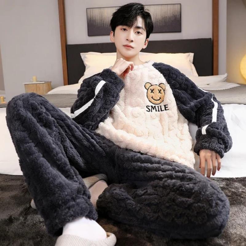 Autumn and Winter Flannel Pajamas Men's Thicken Coral Fleece Youth Student Warm Korean Pijamas Casual Loungewear