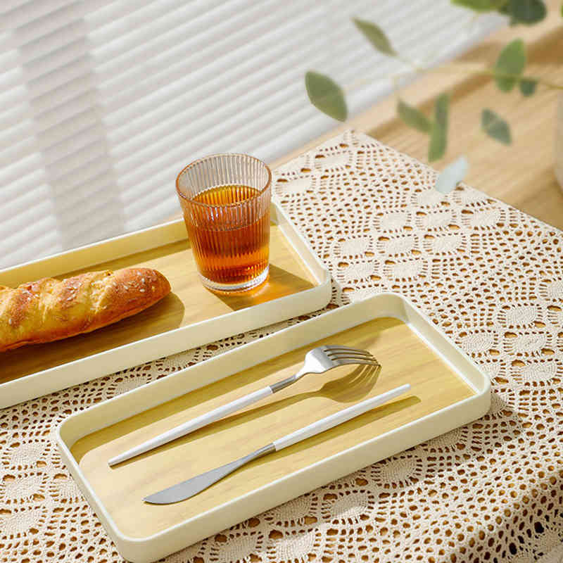 PP Rectangular Plate Tray Teacups Kettle Water Cups Tray Dinner Plate Household Anti-slip Imitation Wood Grain Flat Bottom Trays