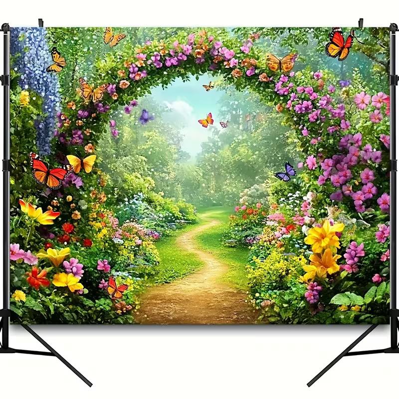 2D Flower Arch Backdrop, Enchanted Garden with Butterflies Photography Background for All Occasions
