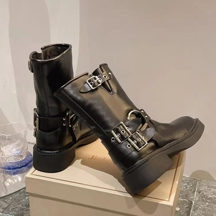 Женские ботильоны осенняя рабочая мода элегантный панк новый черный цвет роскошный низкий каблук круглый носок кожа дропшиппинг центр обуви