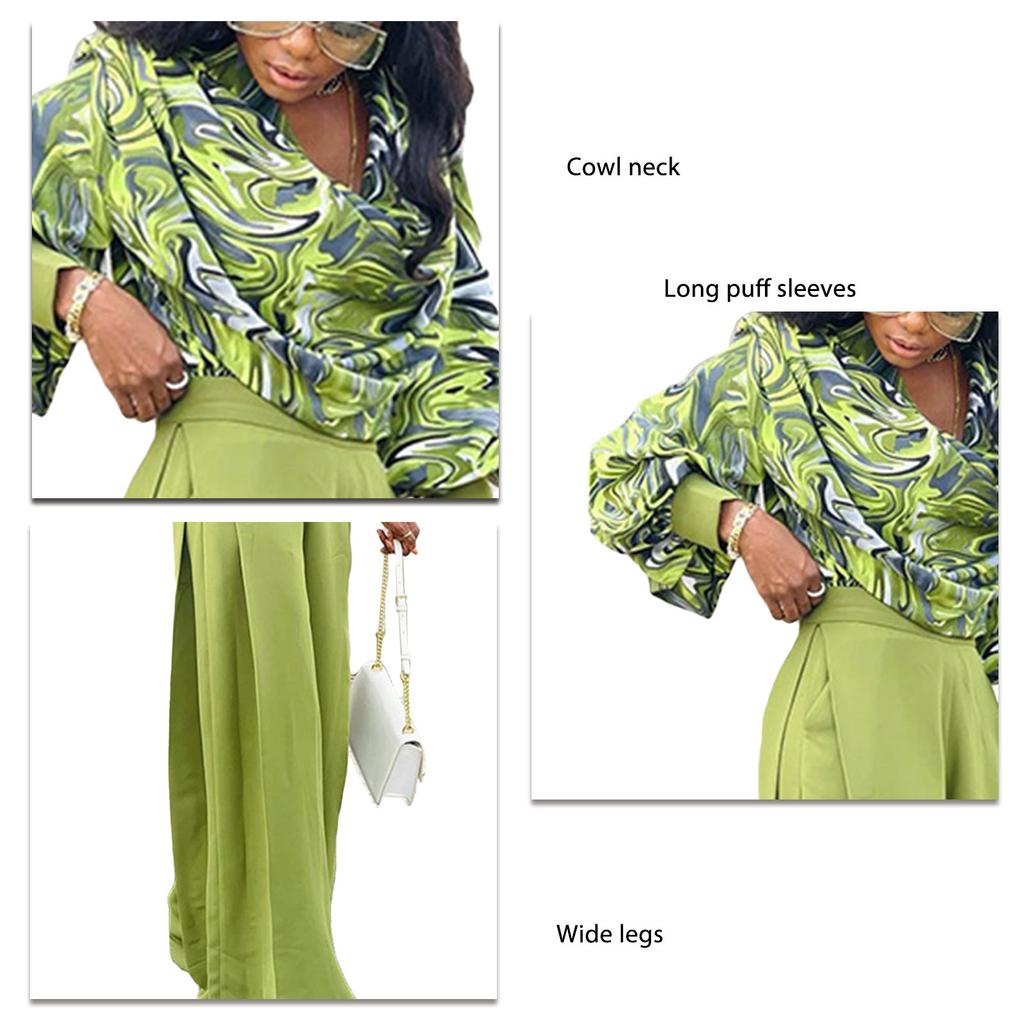 Women Two Piece Print Outfits Cowl Neck Top Wide Leg Pants Casual Long Sleeves Shirt Pants Set