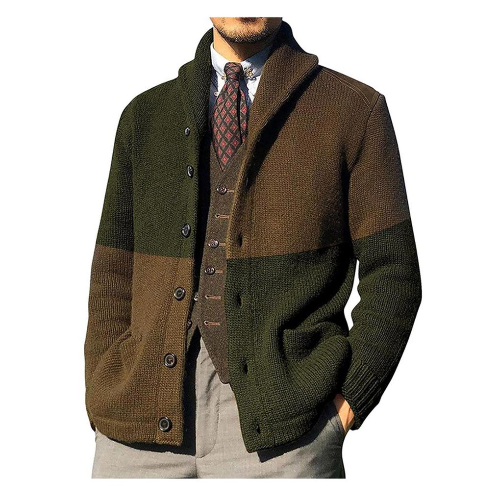 Кардиганы, свитера для мужчин, повседневная шаль с длинным рукавом, цветные блоки, трикотажные свитера на пуговицах