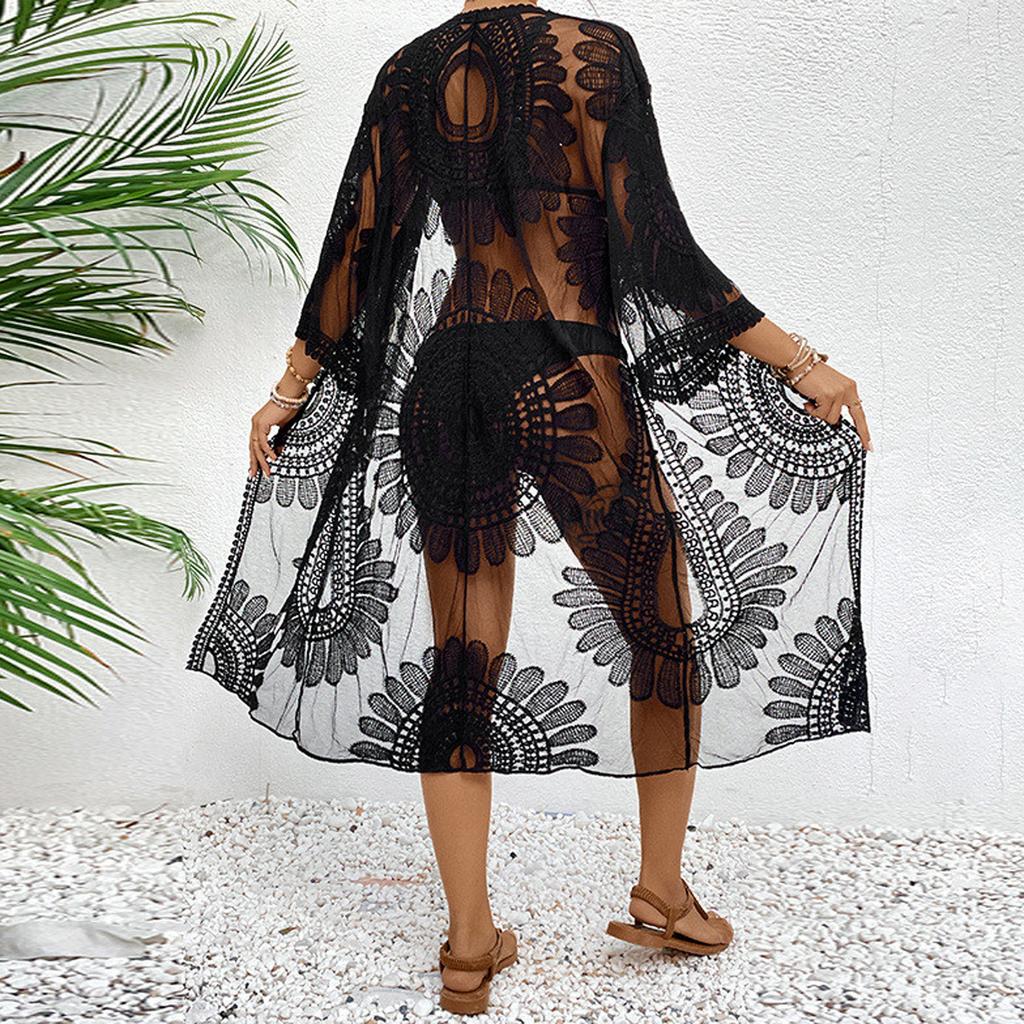 Женское бикини, накидка с цветочной вышивкой, прозрачное кружевное пляжное кимоно для купальника, купального костюма, летней одежды