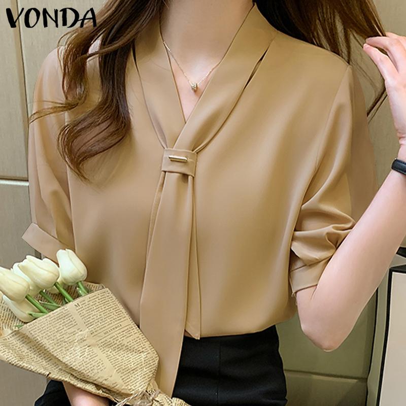 VONDA Летние женские повседневные офисные блузки-рубашки с коротким рукавом и завязками