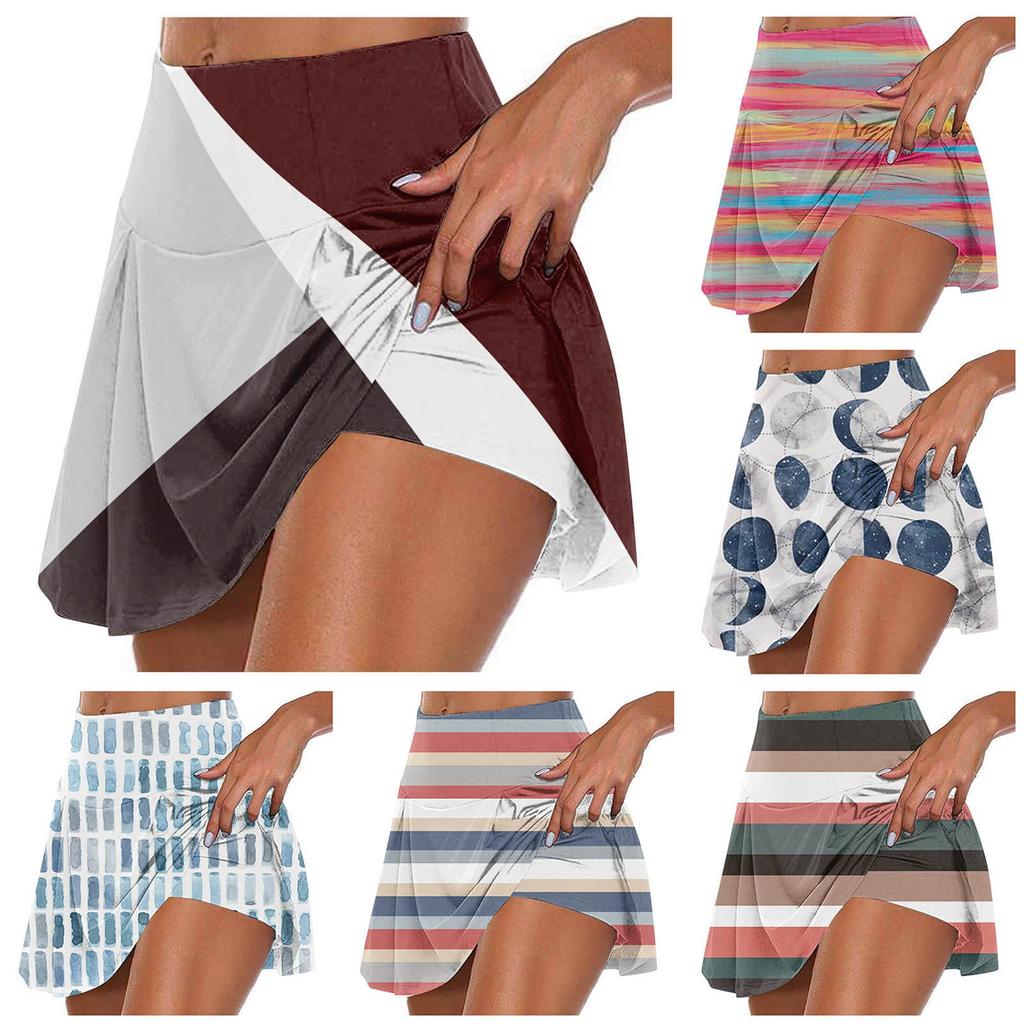 Women's Athletic Stretchy Pleated Tennis Skirts Run Yoga Inner Shorts Elastic Sports Golf Skorts