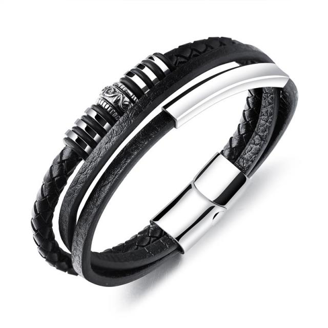 Fashion Stainless Steel Charm Men Bracelet Magnetic Clasp Braided Mutilayer Leather Wrapping Punk Rock Bangles Man Jewelry Gift