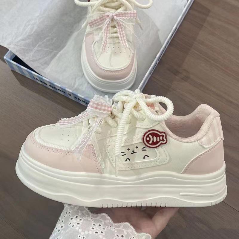 Осенние 2025 года Белые Хлебные Туфли для Девочек - Милые, Универсальные Повседневные Спортивные Кроссовки для Детей Среднего и Большого Размера