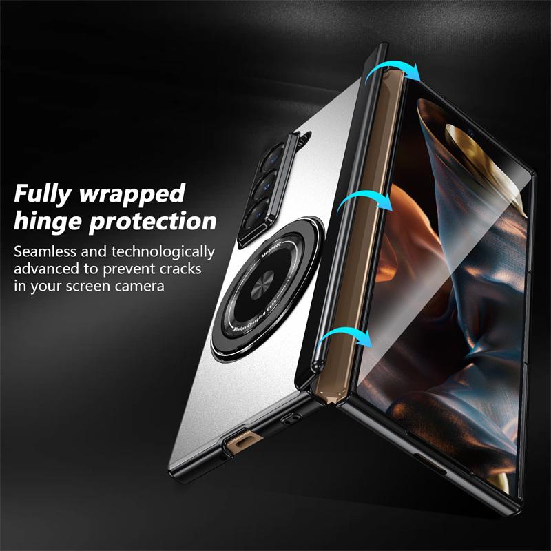 Magnetic Aluminum Hinge 360 Rotating Ring Holder case for Samsung Galaxy Z Fold 7 / Z Fold Special / W25 With Tempering Glass