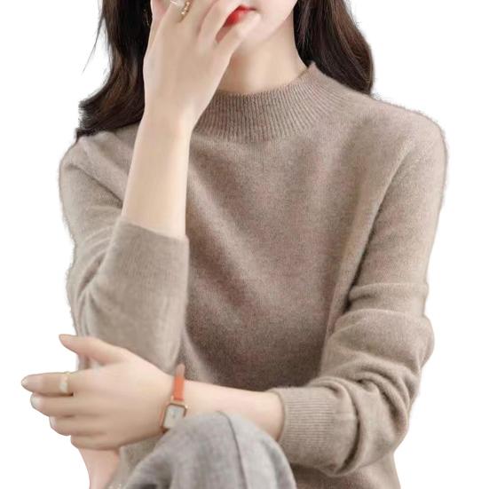 Женский свитер с длинным рукавом и средним воротником, мягкий эластичный однотонный трикотажный нижний слой для повседневной носки