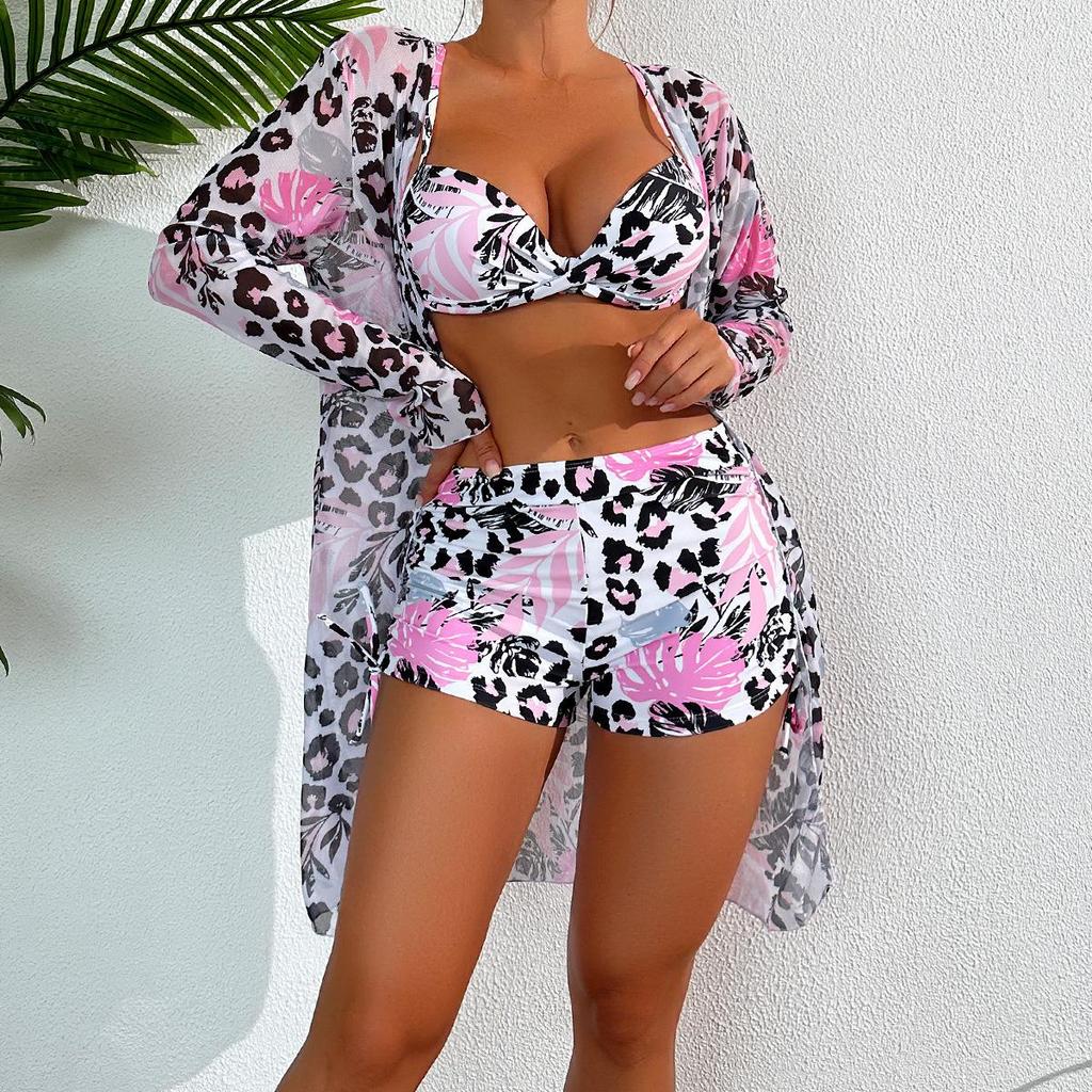 Swimsuit Women's Split Three Piece Set High Waist Long Sleeve Ins Overshirt Drawstring Printed Bikini Suits