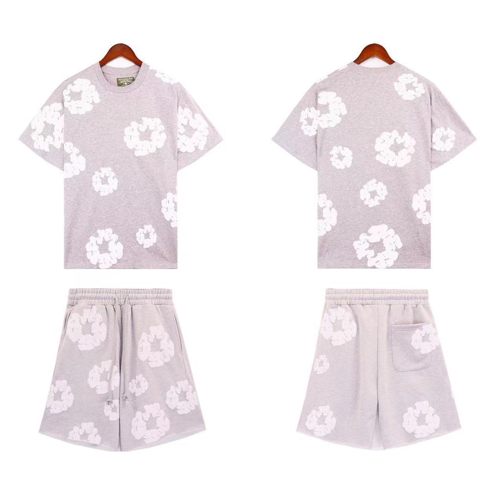 Chic Unisex Two-Piece Running Clothing Tracksuit Set 3D Kapok Foam Printing Flower Pattern Couples Short Sleeved T-shirt Shorts Set