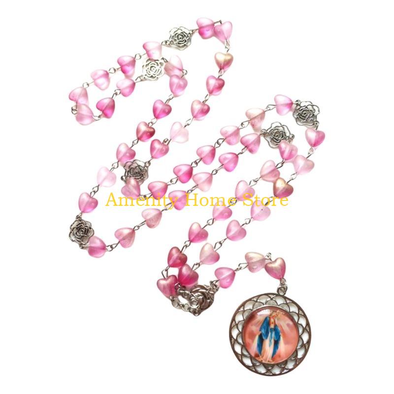F26C Vintage Hollowed Out Rose Heart Beads Rosary Necklace Christian Prayer Fashion Jewelry Accessories for Stylish Women Men