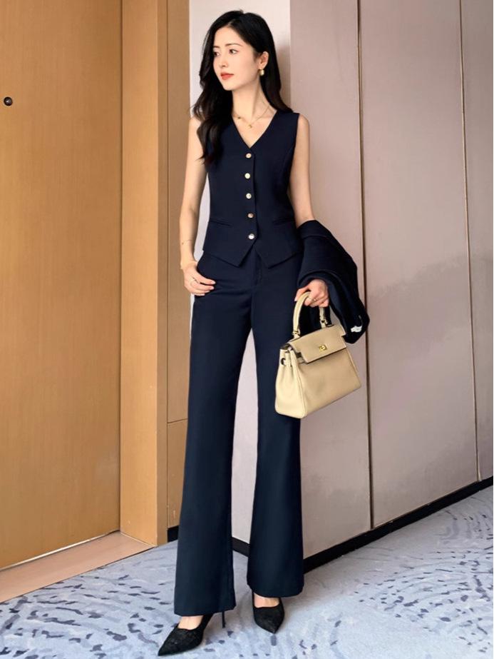 Эксклюзив бренда: Женский профессиональный высококачественный шерстяной костюм-тройка с жилетом и брюками микро-клеш для осени и весны