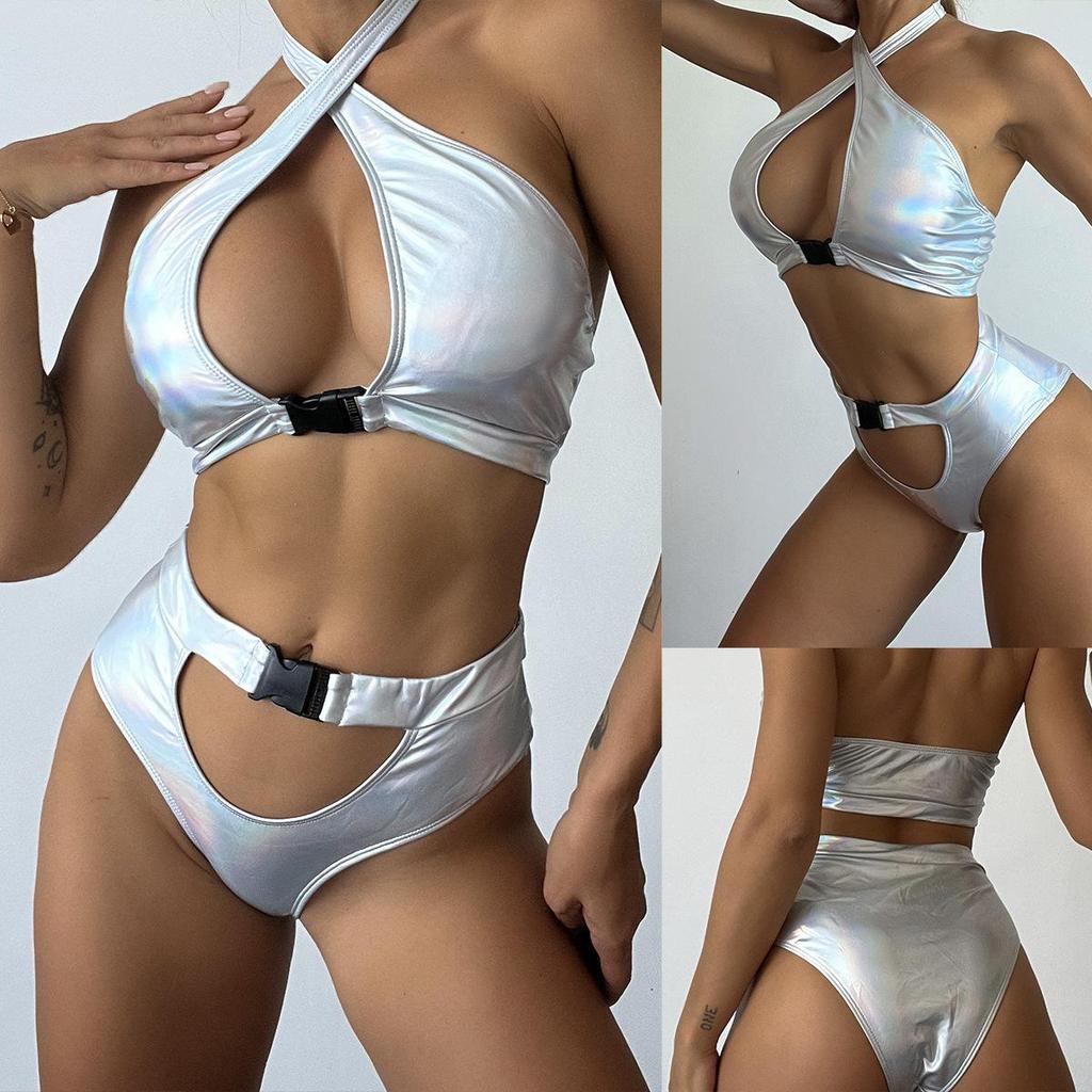 Women Sexy Backless Triangle Split Bikini Suit Set Summer Tie Side G-String Thong Swimsuit Halter Elastic Bikini