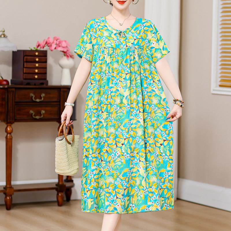 Plus Size Elegant Loose Dresses for Women Oversize Short Sleeve Vintage Print Long Dress Casual Middle-aged Women's Clothing