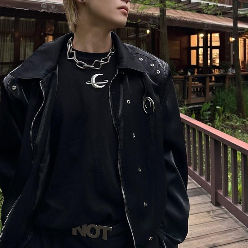 Unisex High-End Liquid Metal Star Design Short Jacket with Lapel and Drop Shoulders