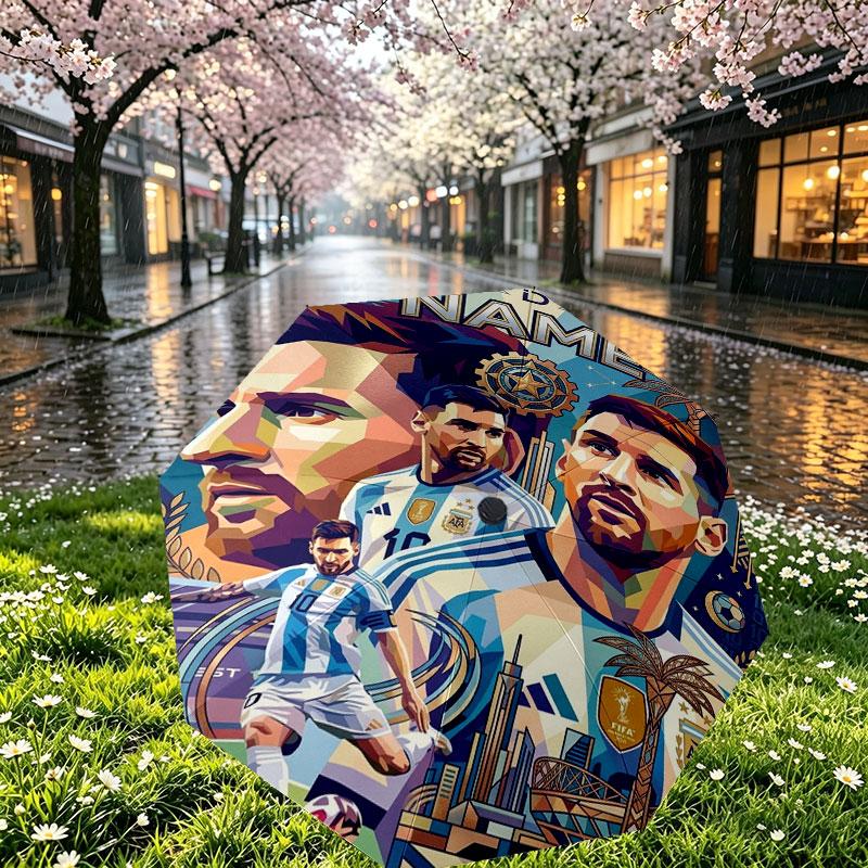 Custom Name Personalized Lionel Messi Print Umbrella, Auto Open Close, 8‑Rib Sturdy Frame, Commute Camping Hiking Use, Birthday Gift