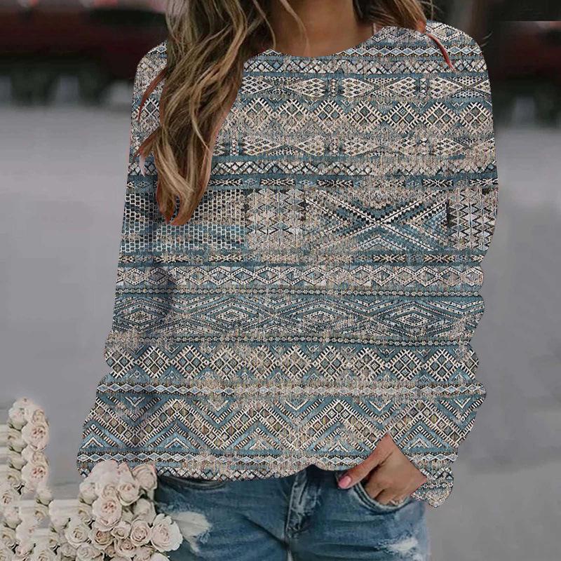 Весенне-осенний топ с круглым вырезом, 3D-принтом в этническом стиле, модная повседневная женская футболка с длинным рукавом