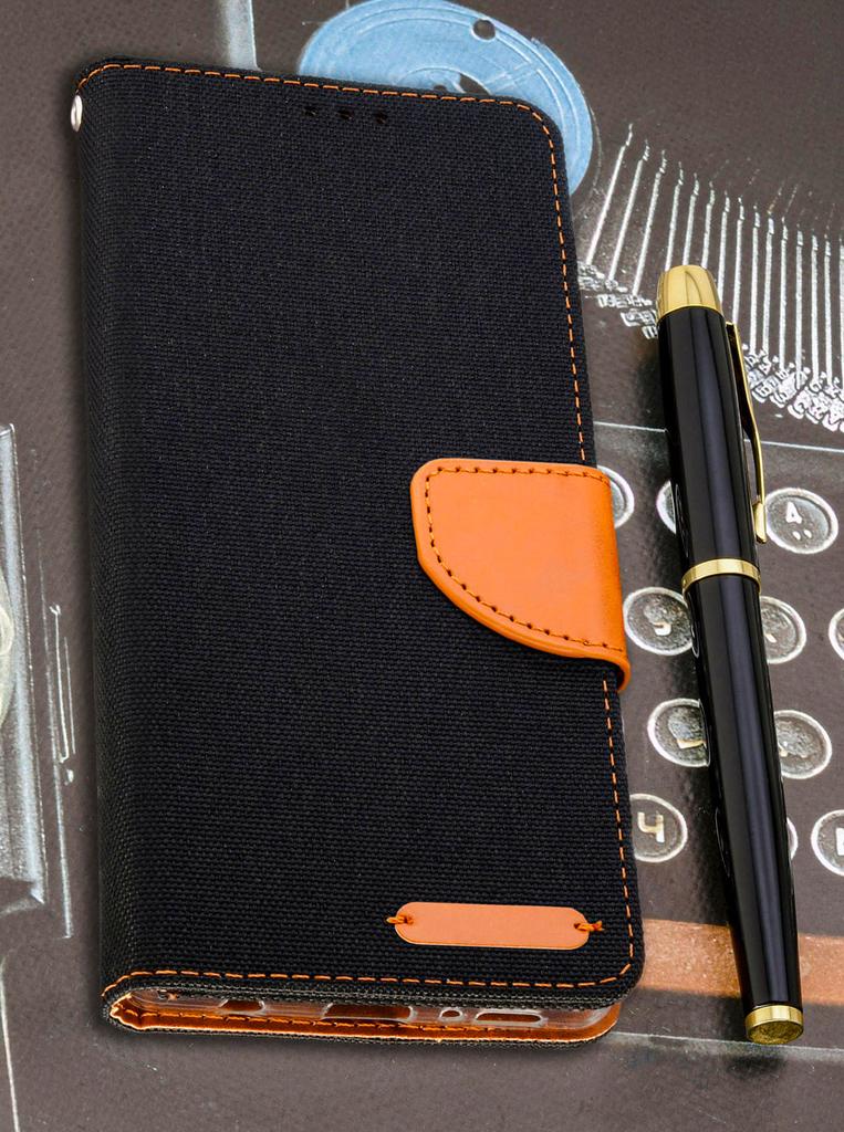 Etui Typu Portfel Do Realme C75 / 14X 5G - Czarny Pokrowiec Canvas + Szkło