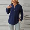 Women's Casual Button V-Neck Solid Color Long Sleeve Top