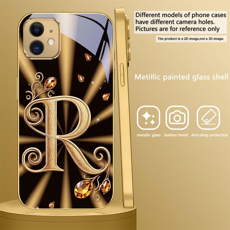 Великолепная буква золотая "R" Для IPhone 17Pro Max 16 17 Pro 15 Pro 14 13 Plus 12 Mini 11Pro Max XR 16E 17Air Золотой стеклянный чехол для телефона