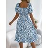 QICED Весенне-летнее платье с цветочным узором, квадратным вырезом, короткими рукавами, приталенное, с юбкой А-силуэта с оборками, женская одежда