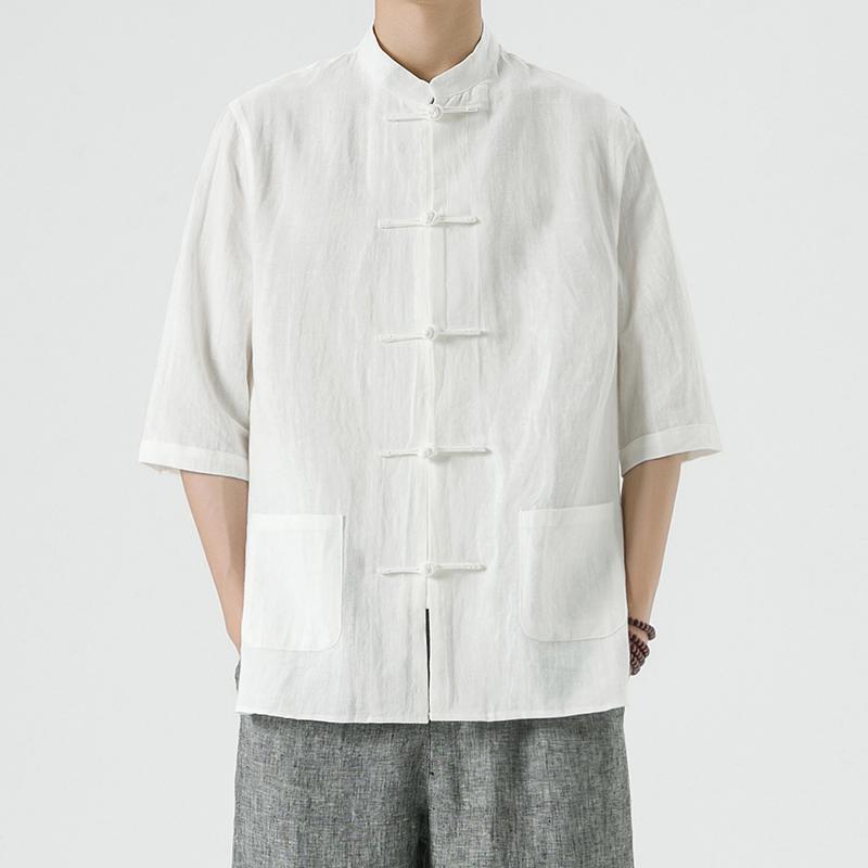 Мужская льняная рубашка в китайском стиле, костюм в китайском стиле Тан, мужская рубашка из хлопка и льна с рукавом три четверти, летний воротник-стойка в стиле ретро