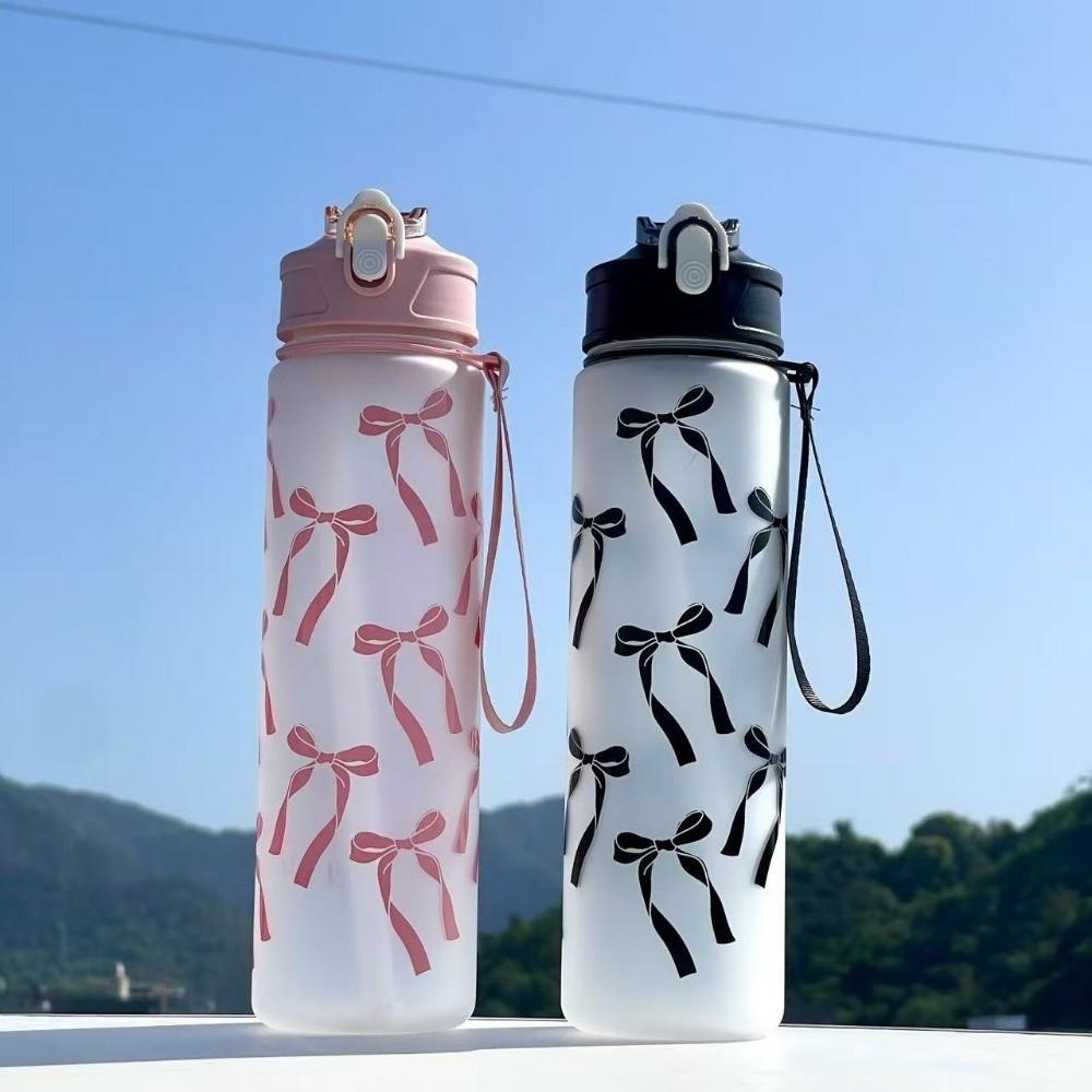 800ML Sports Water Bottle Bow Flower Printed Water Cup Trendy Straw Cup Gym