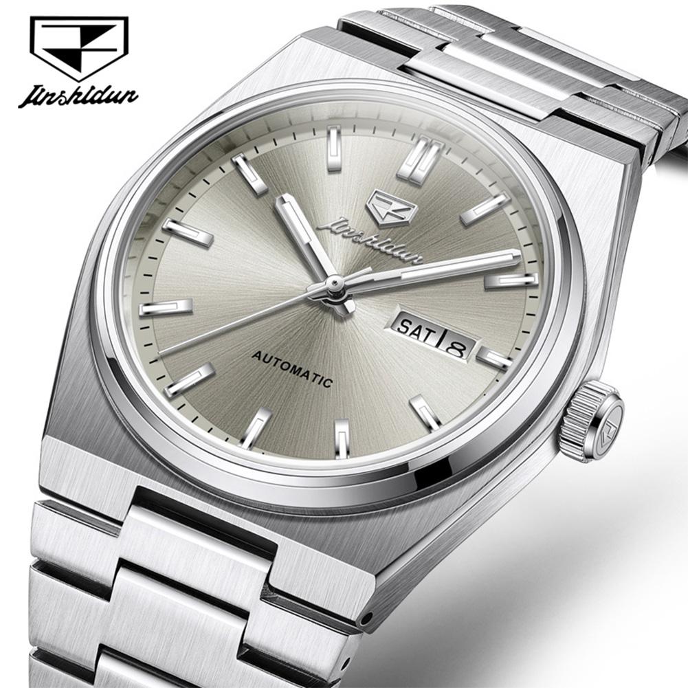 JSDUN Automatic Mens Watches Minimalist Luxury Stainless Steel Dual Calendar Waterproof Luminous Gentleman Mechanical Watch 8996