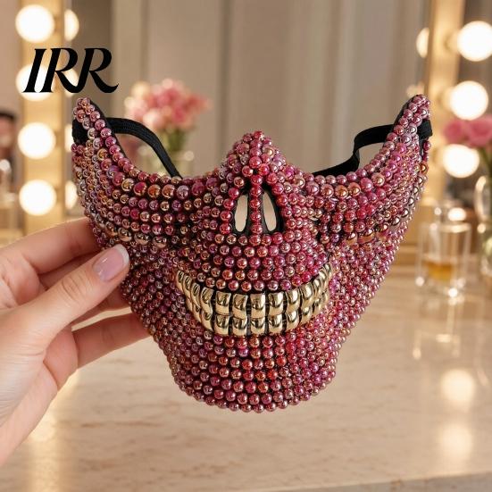 Diamond Skull Half Mask Halloween Face Mask, Rhinestone Punk Knight Masquerade Prop Resistant Bending Skeleton with Adjustable Straps, Lightweight