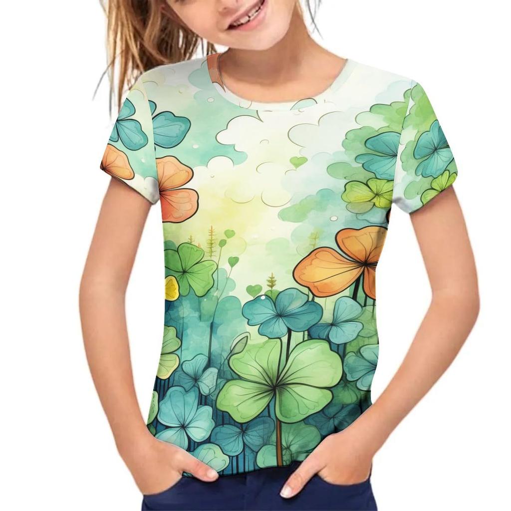 Детская футболка с 3D-принтом, детская футболка с коротким рукавом, свободный топ для девочек, 3D футболка с изображением свежего клевера