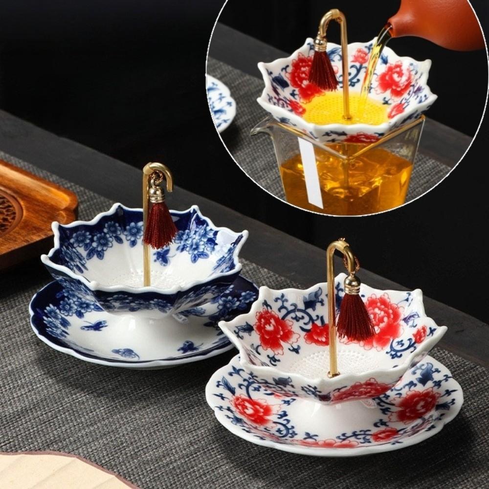 Chinese Style Tea Infuser Tea Tray Set Traditional Blue and White Porcelain Tea Filter Tea Room