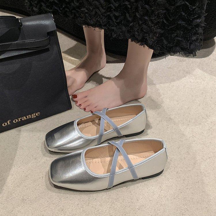 Retro Low-heeled Silver Mary Jane Shoes Autumn 2024 New Square Head Cross Outer Wear Ballet Shoes Women