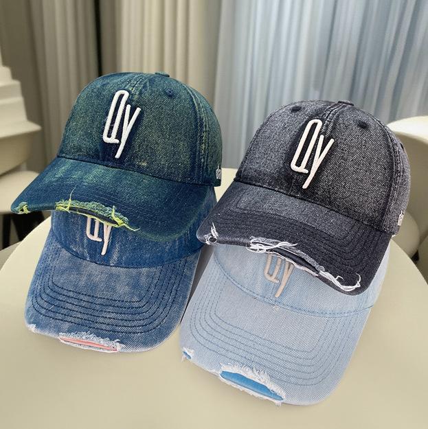 Washed hole letter embroidery baseball cap summer wide brim retro denim sun hat showing face small men's and women's peaked caps