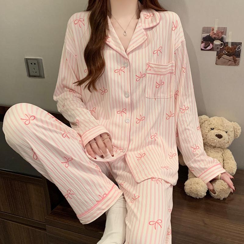 Пижама в корейском стиле для милой девушки, полосатая, жатая – Комплект повседневной домашней одежды с длинным рукавом