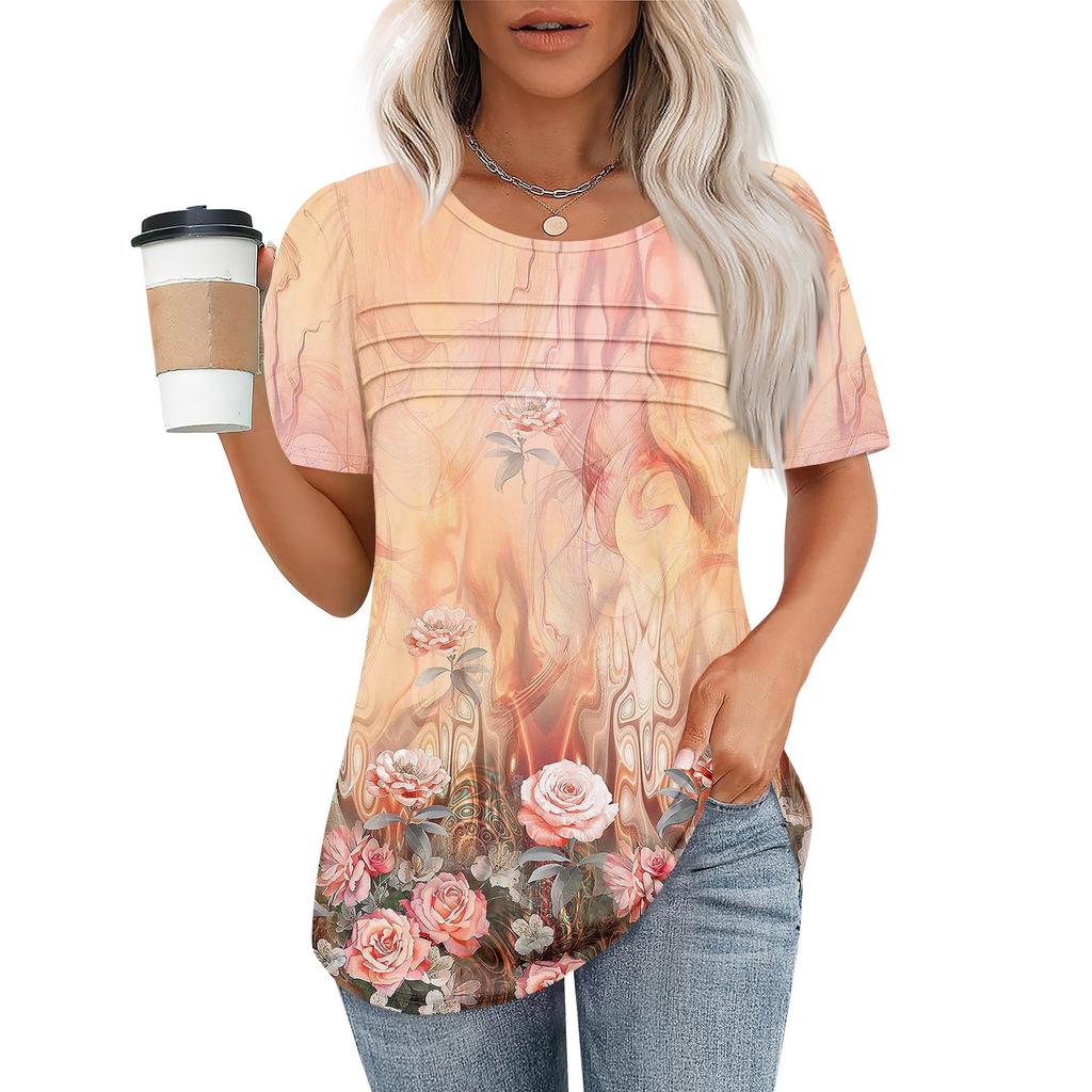 T Shirts For Women Pleated Round Neck Dressy Casual Blouses Printing Short Sleeve Summer Tops Loose Fit