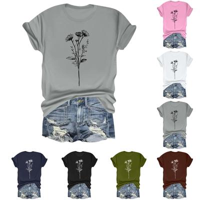 Женская повседневная свободная футболка с цветочным принтом, пуловер с круглым вырезом и короткими рукавами