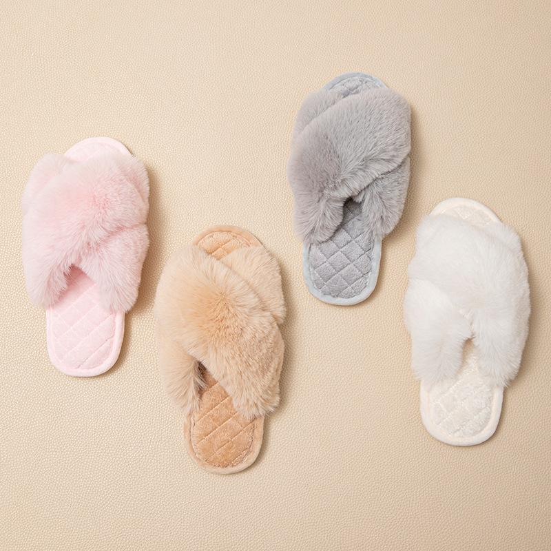 Плюшевые тапочки с перекрестными ремешками Зимние теплые хлопковые тапочки Домашние теплые плюшевые тапочки