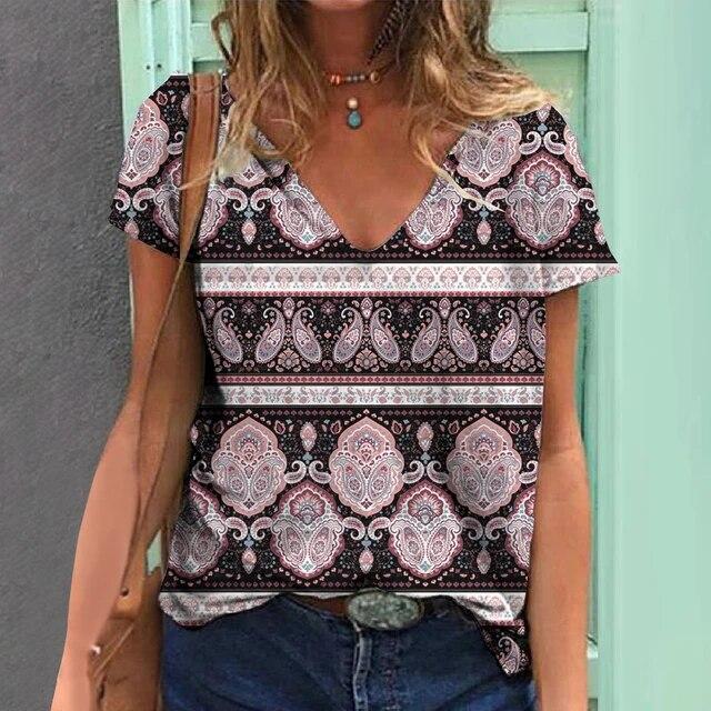 Женская футболка с v-образным вырезом, летняя модная женская одежда, топы с 3d винтажным принтом, повседневная одежда для девочек, женский пуловер большого размера