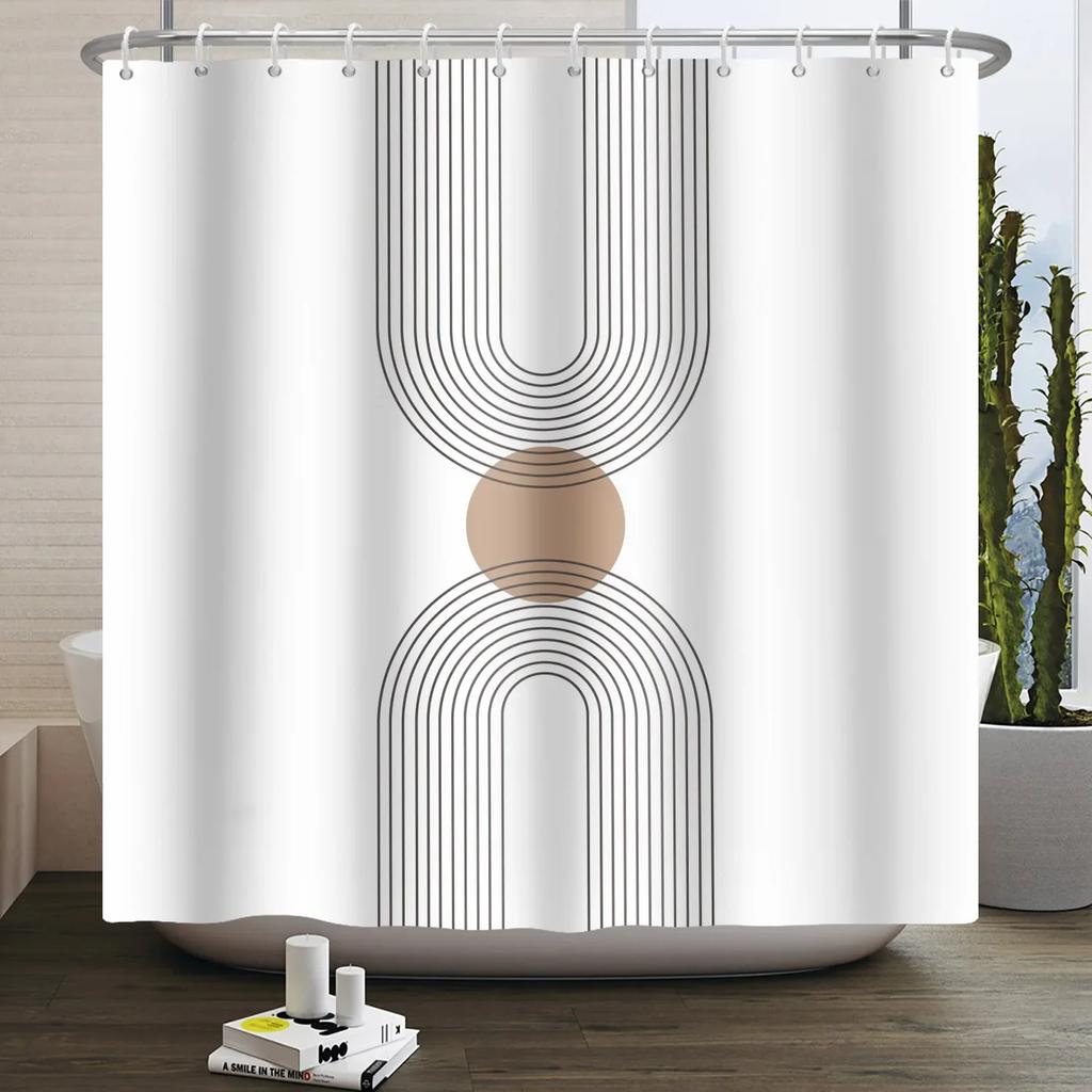 Geometric Line Round Color Block Shower Curtain Artistic Styling Simple Modern Polyester Shower Curtain Bathroom Decoration
