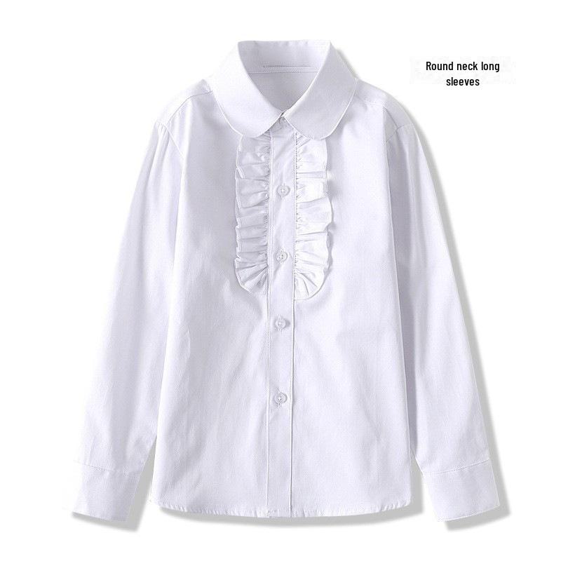 Белая хлопковая школьная рубашка с длинным рукавом для девочек - стиль весна/осень для учеников начальной и средней школы