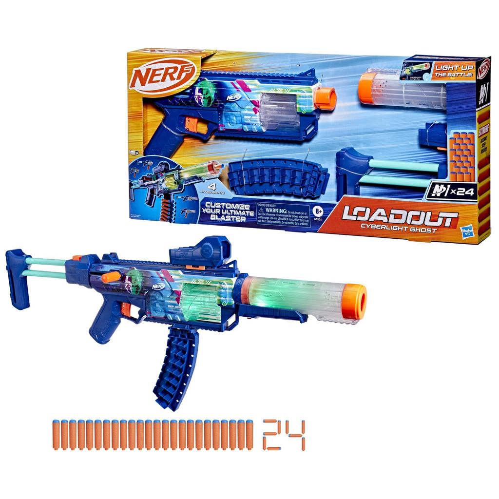 Hasbro Nerf Loadout Cyberlite Ghost Blaster with LED 4 and 24 N1 Kids Toys Ages G1824 Authentic Battery-Powered Light, Accessories, Darts, & Gifts, 8+