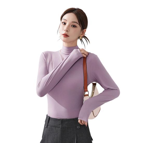 Women Bottoming Tops Half High Collar Long Sleeve Solid Color Slim Fit