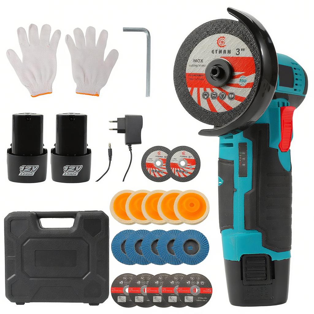 12V Mini Lithium Angle Grinder Brushed Motor EU Standard Plug 2 Batteries Rechargeable Cutting & Polishing Power Tool