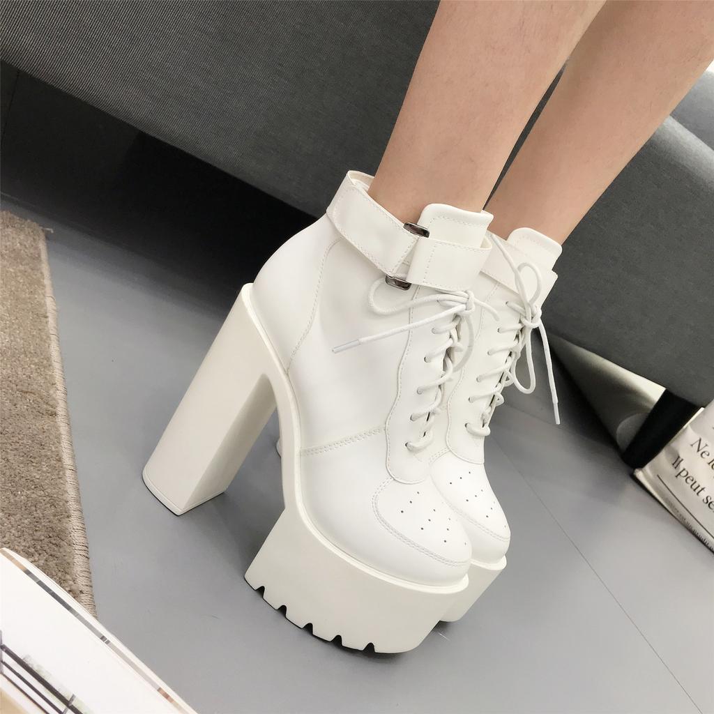 Fashion Black Platform Boots Women Zipper Autumn High Heels Shoes Lace Up Ankle Boots Russian Shoes