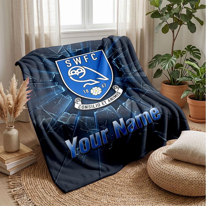 Sheffield Wednesday FC Custom Name Text Flannel Blanket Soccer Logo Personalized Fleece Throw Blanket Special Gift For Sofa Bedroom Home