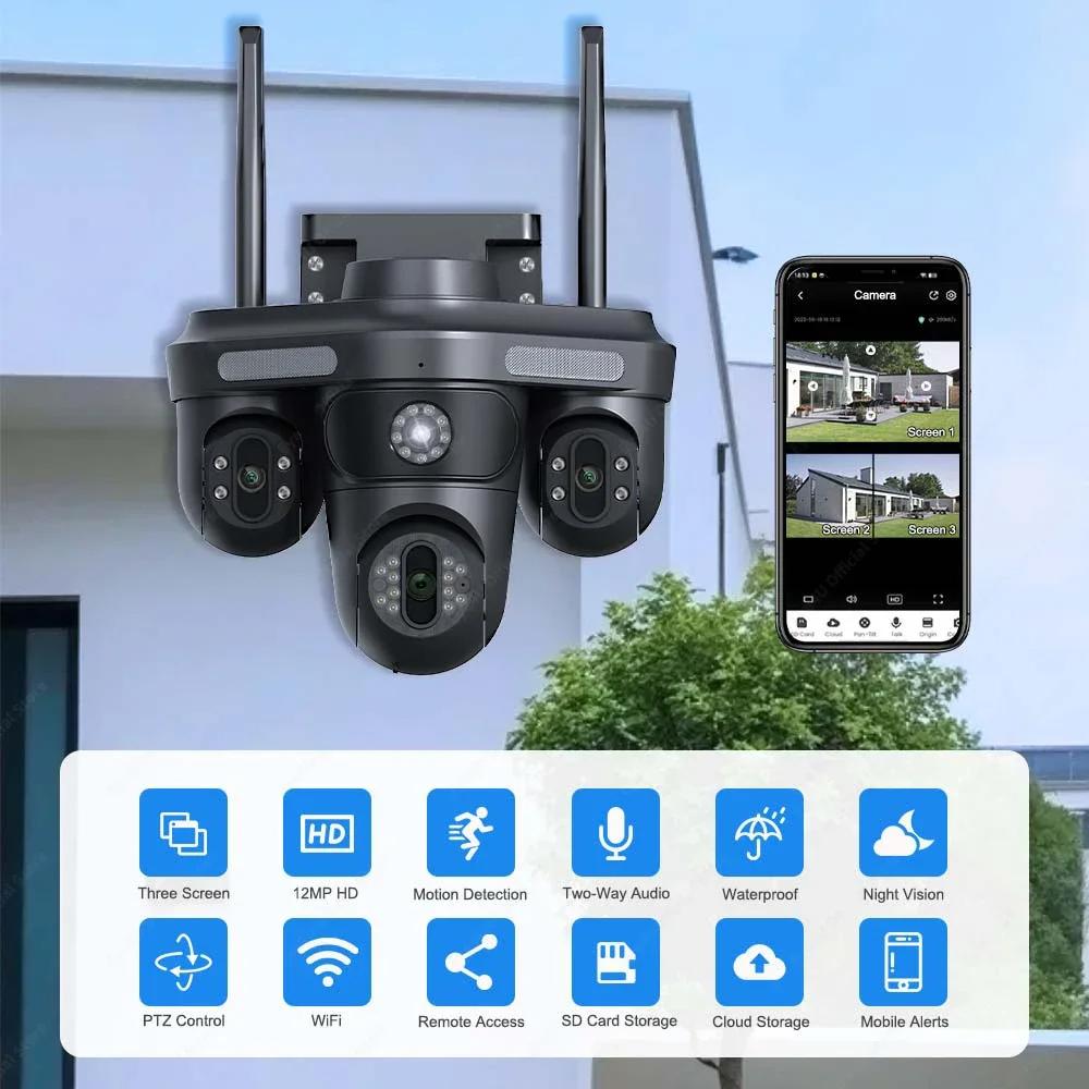 LS VISION 6K 12MP WiFi IP-камера с тремя объективами и 10-кратным зумом. Уличная PTZ-камера с функцией обнаружения движения. Умный дом. Безопасность. Защита. Видеонаблюдение. Камера видеонаблюдения 4K.