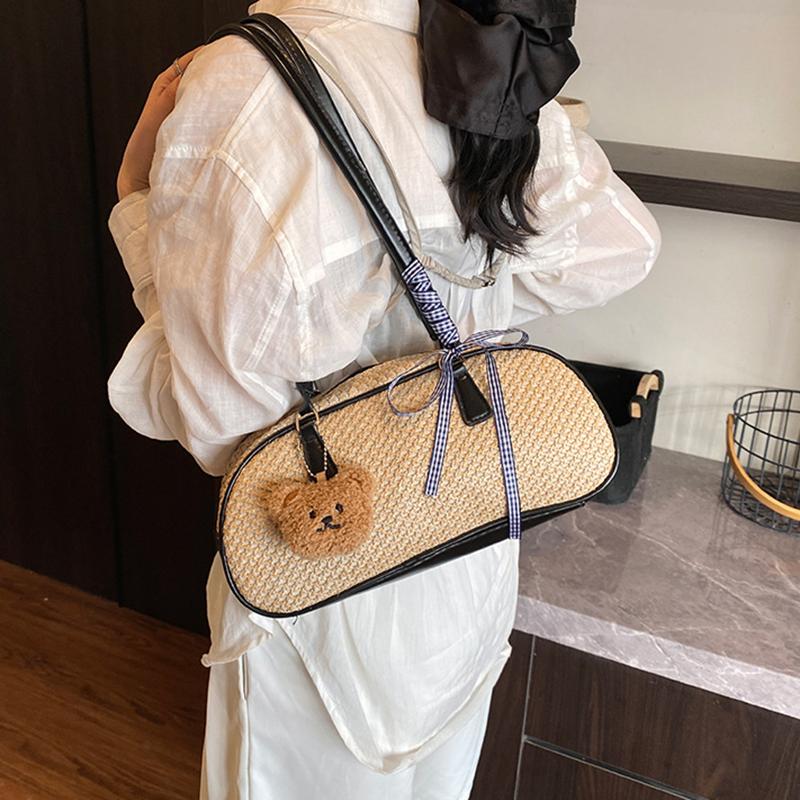 Yogodlns Весенняя новая простая летняя пляжная сумка через плечо с бантом для поездок на работу и отдыха, универсальная плетеная соломенная сумка подмышкой для женщин