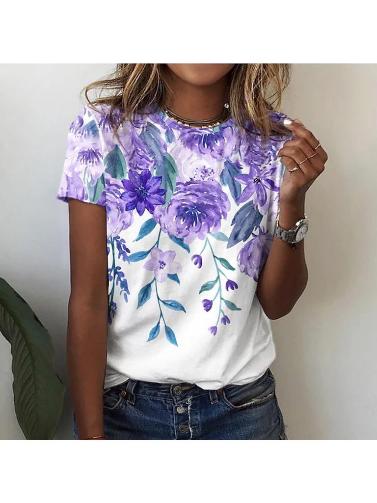 Летняя женская уличная модная футболка с цветочным принтом 3D с коротким рукавом, повседневная универсальная свободная футболка с круглым вырезом, женская одежда