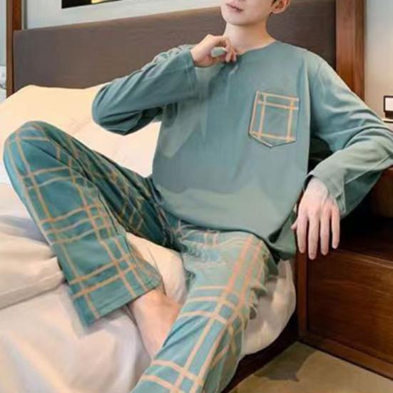 2 шт./компл., мужской пижамный комплект, весенне-осенний комплект с круглым вырезом и длинным рукавом, клетчатый топ с буквенным принтом, длинные брюки с эластичной резинкой на талии, комплект мужской пижамы, домашняя одежда